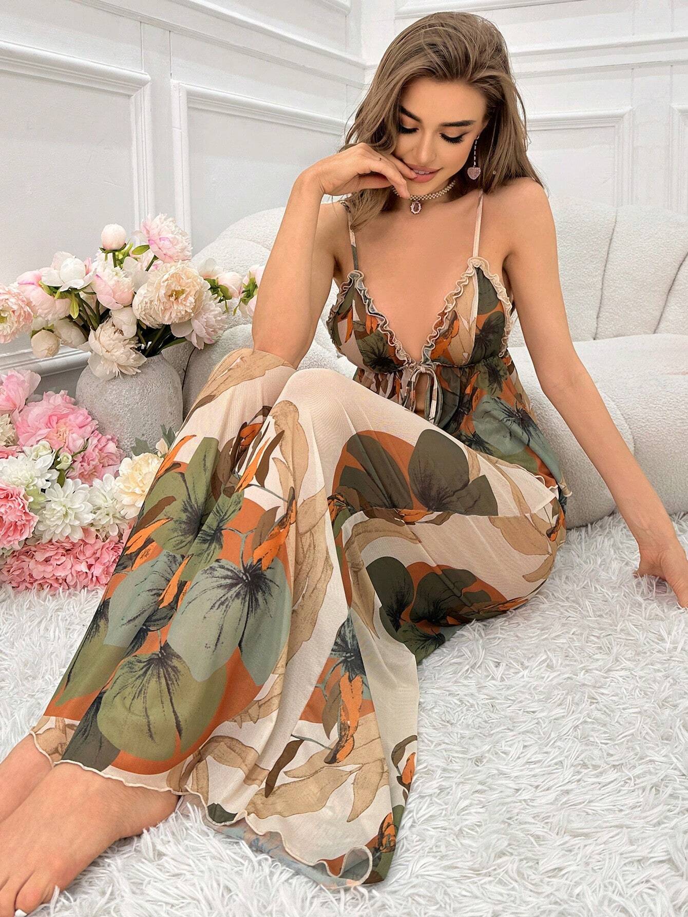 Women Backless Tie Front Tank Top And Pants Pajama Set - Gems Ensumbles