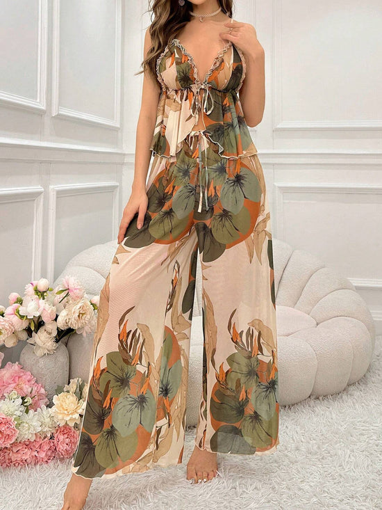 Women Backless Tie Front Tank Top And Pants Pajama Set - Gems Ensumbles