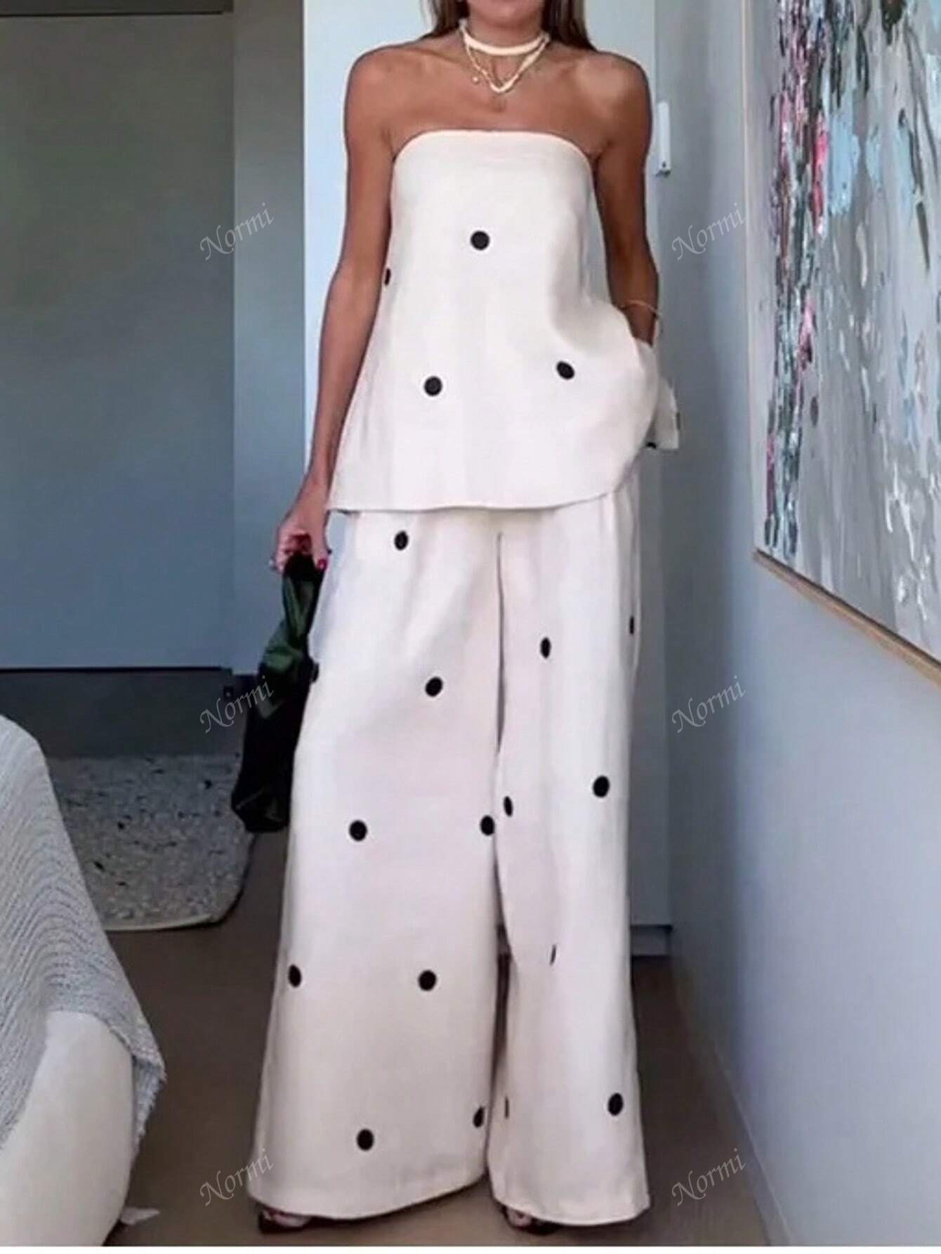 Women Dot Printed Sleeveless Jumpsuit Casual Wide Leg Pants, - Gems Ensumbles