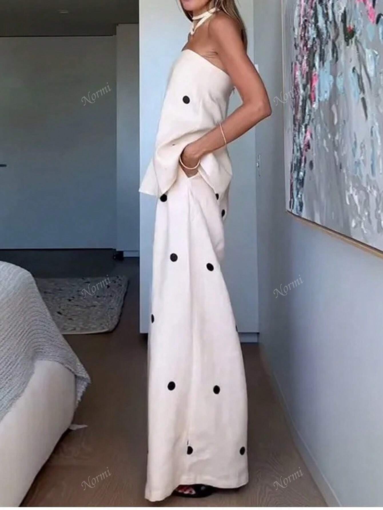 Women Dot Printed Sleeveless Jumpsuit Casual Wide Leg Pants, - Gems Ensumbles