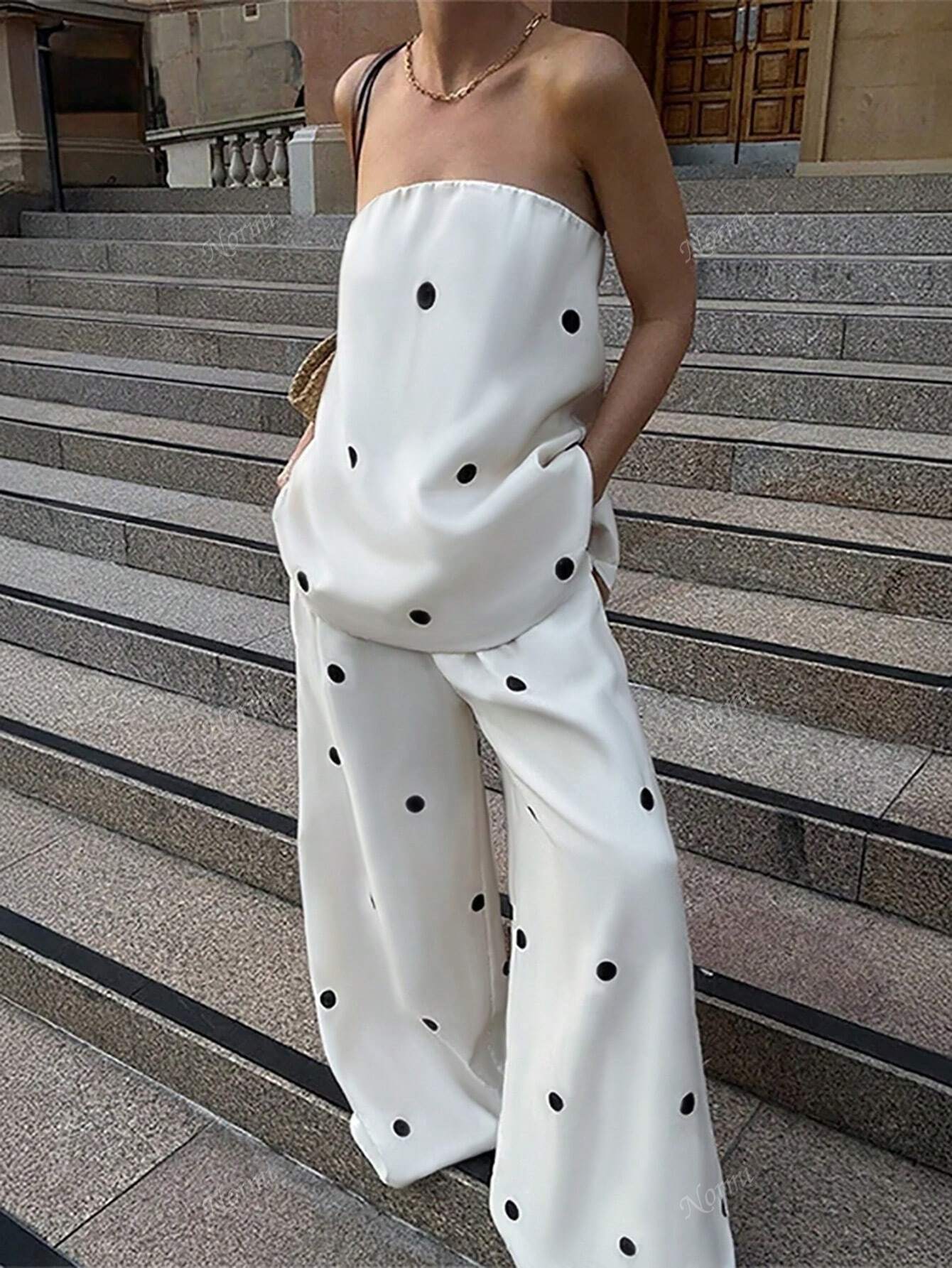 Women Dot Printed Sleeveless Jumpsuit Casual Wide Leg Pants, - Gems Ensumbles