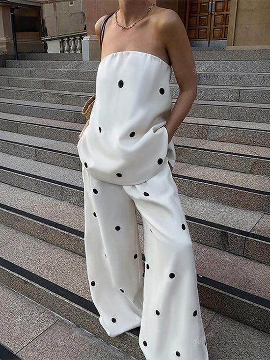 Women Dot Printed Sleeveless Jumpsuit Casual Wide Leg Pants, - Gems Ensumbles