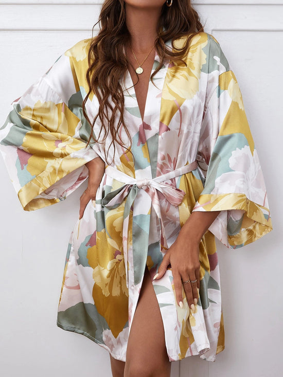 Women Floral Print Drop Shoulder Belted Satin Robe Without Lingerie - Gems Ensumbles