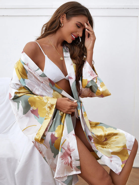 Women Floral Print Drop Shoulder Belted Satin Robe Without Lingerie - Gems Ensumbles