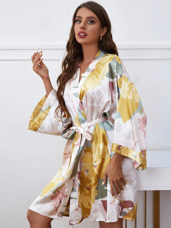 Women Floral Print Drop Shoulder Belted Satin Robe Without Lingerie - Gems Ensumbles