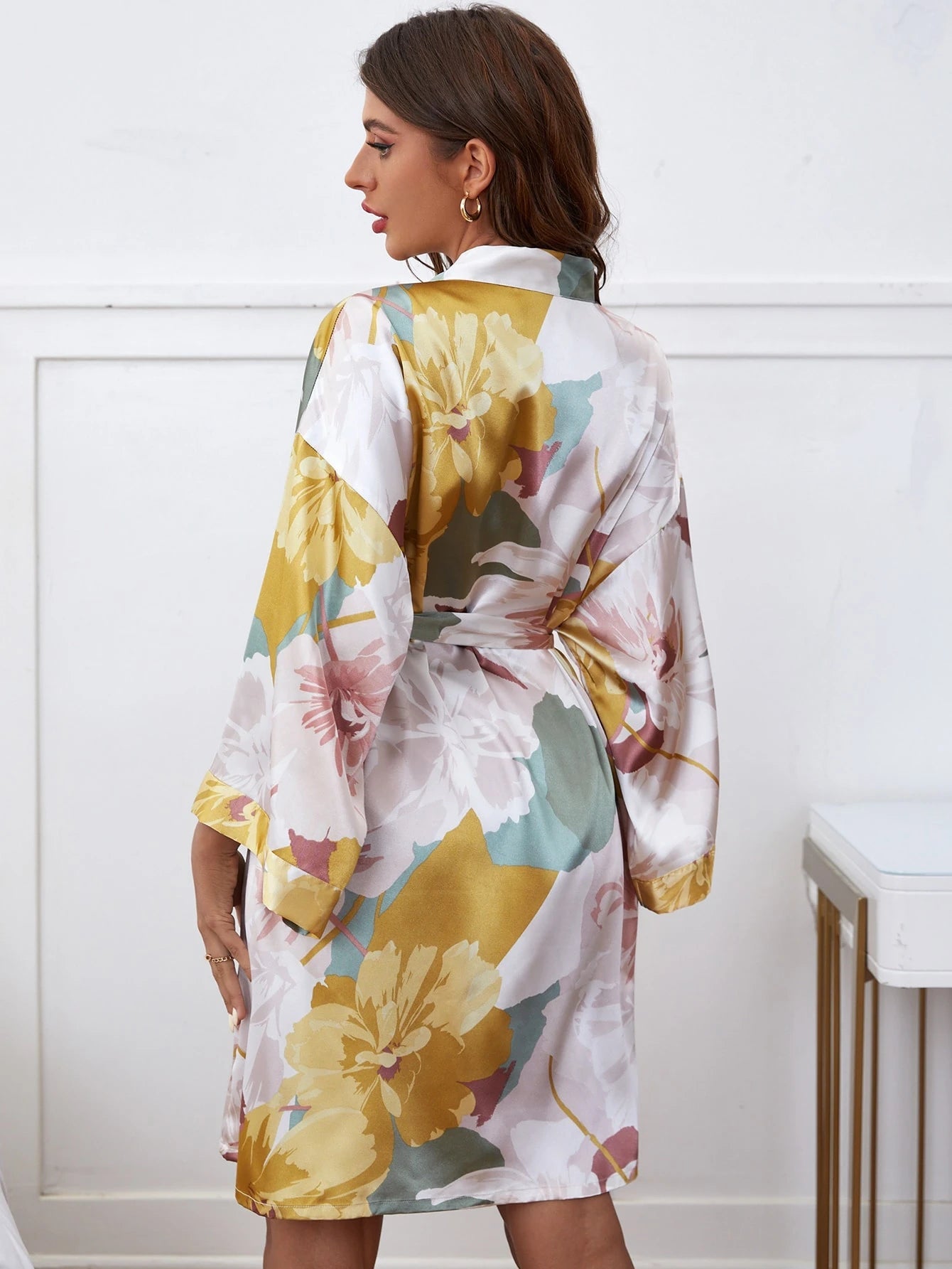 Women Floral Print Drop Shoulder Belted Satin Robe Without Lingerie - Gems Ensumbles