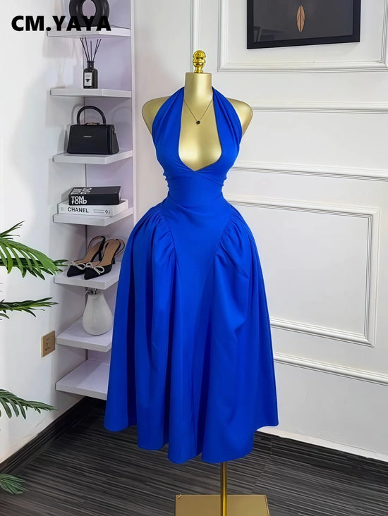 Women Halter V - neck Backless Sleeveless Big Swing Bodycon Mid Maxi Long Dress - Gems Ensumbles