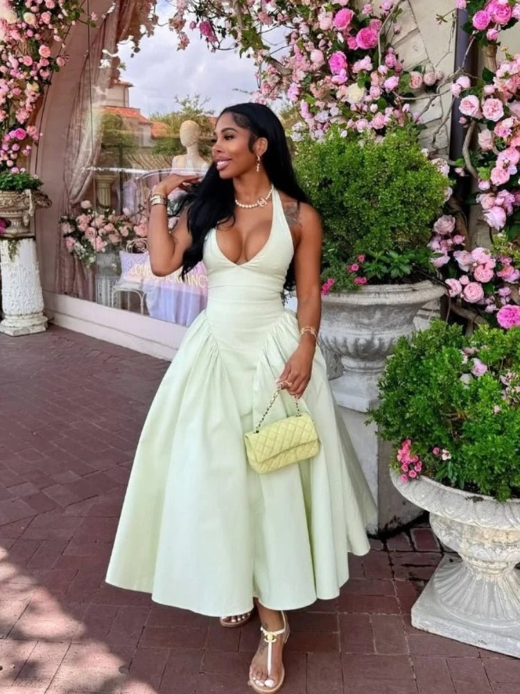 Women Halter V - neck Backless Sleeveless Big Swing Bodycon Mid Maxi Long Dress - Gems Ensumbles