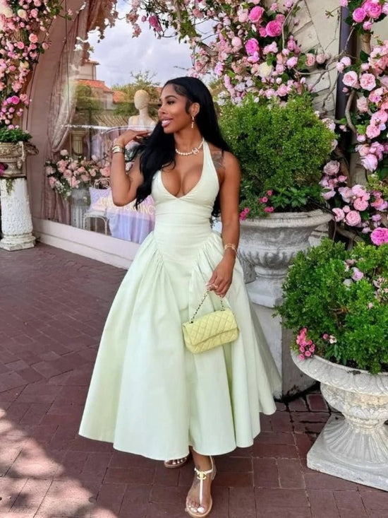 Women Halter V - neck Backless Sleeveless Big Swing Bodycon Mid Maxi Long Dress - Gems Ensumbles