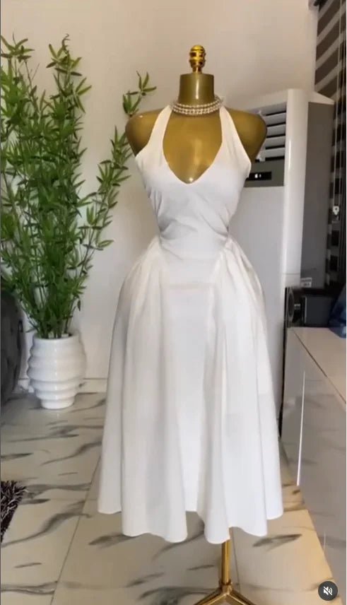 Women Halter V - neck Backless Sleeveless Big Swing Bodycon Mid Maxi Long Dress - Gems Ensumbles