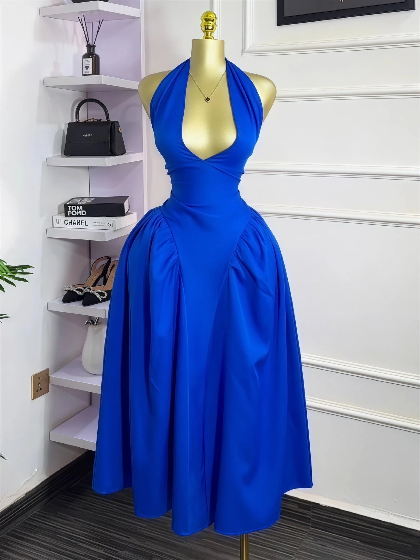 Women Halter V - neck Backless Sleeveless Big Swing Bodycon Mid Maxi Long Dress - Gems Ensumbles