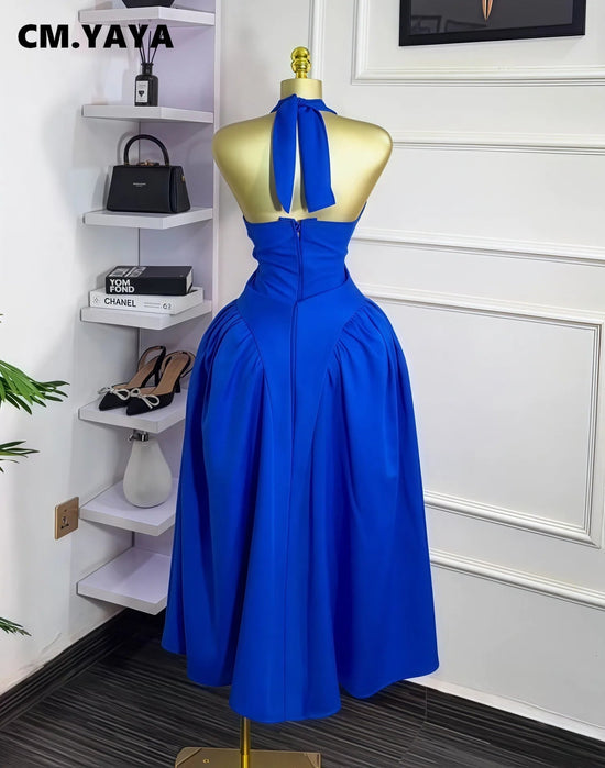 Women Halter V - neck Backless Sleeveless Big Swing Bodycon Mid Maxi Long Dress - Gems Ensumbles