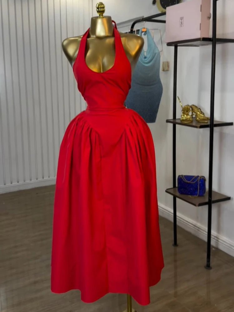 Women Halter V - neck Backless Sleeveless Big Swing Bodycon Mid Maxi Long Dress - Gems Ensumbles