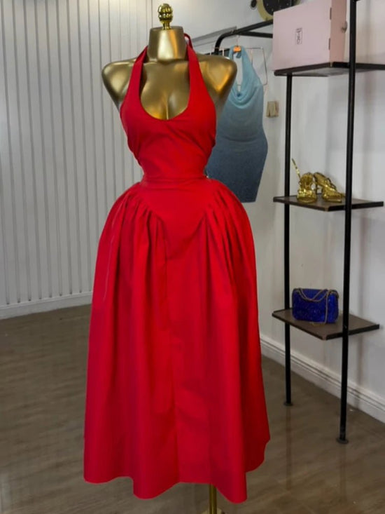 Women Halter V - neck Backless Sleeveless Big Swing Bodycon Mid Maxi Long Dress - Gems Ensumbles