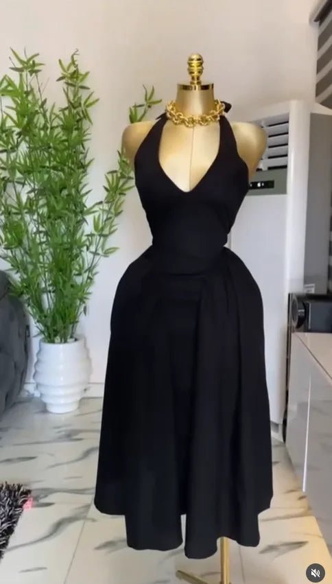 Women Halter V - neck Backless Sleeveless Big Swing Bodycon Mid Maxi Long Dress - Gems Ensumbles