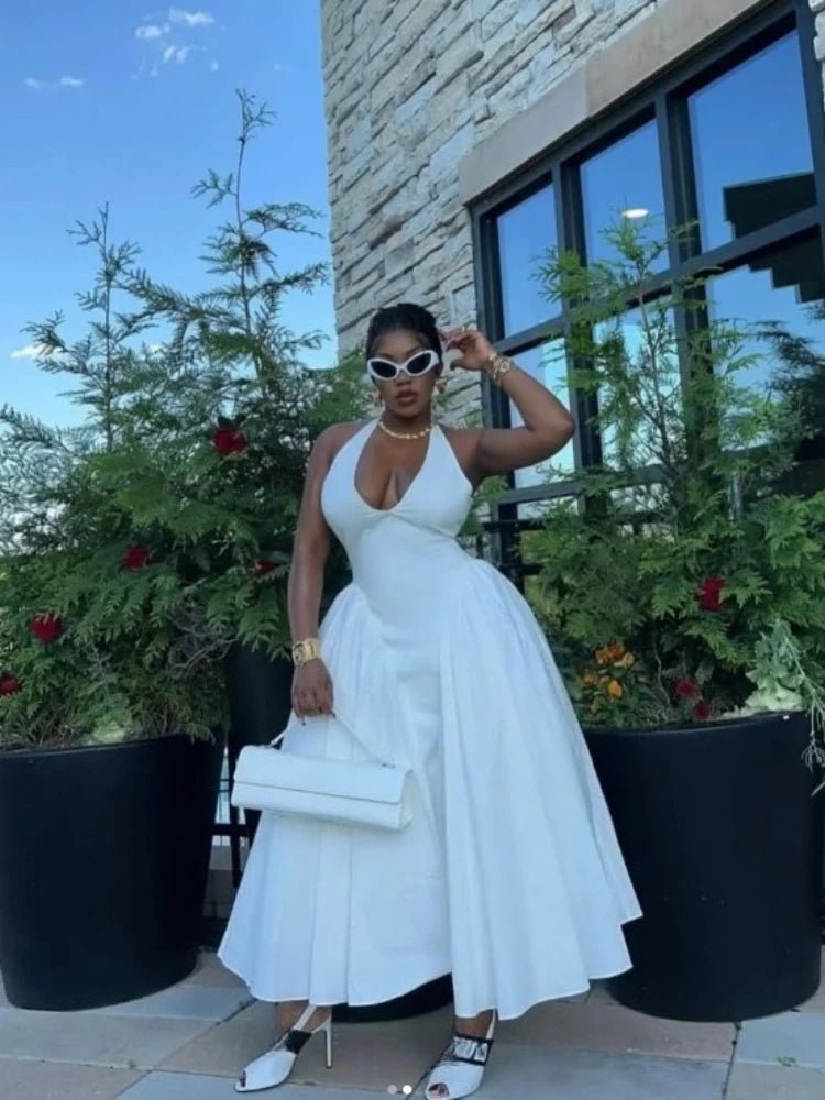 Women Halter V - neck Backless Sleeveless Big Swing Bodycon Mid Maxi Long Dress - Gems Ensumbles