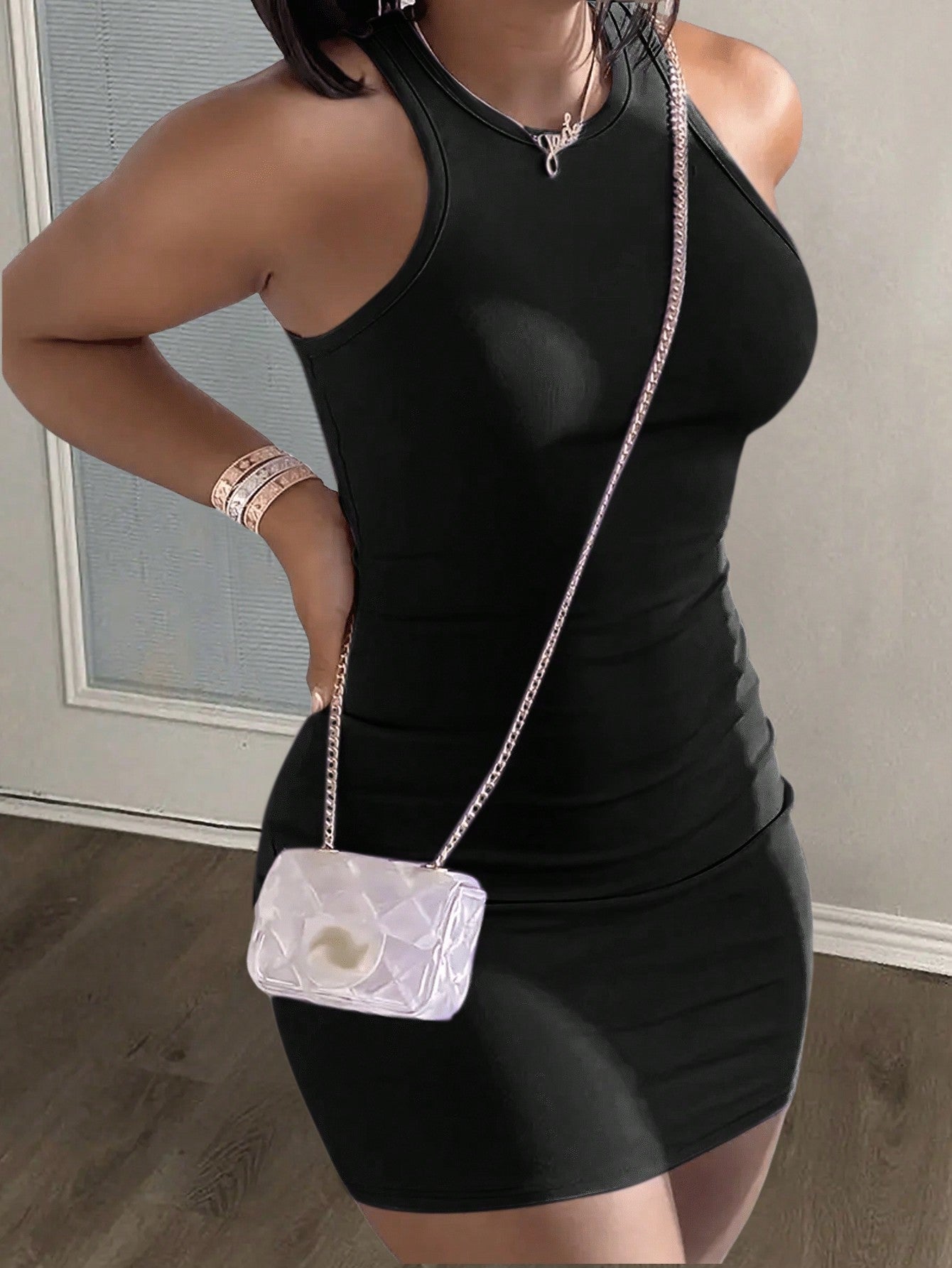 Women Minimalist Casual Sleeveless Round Neck Form - Fitting Bodycon Mini Knit - Gems Ensumbles