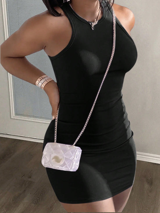 Women Minimalist Casual Sleeveless Round Neck Form - Fitting Bodycon Mini Knit - Gems Ensumbles