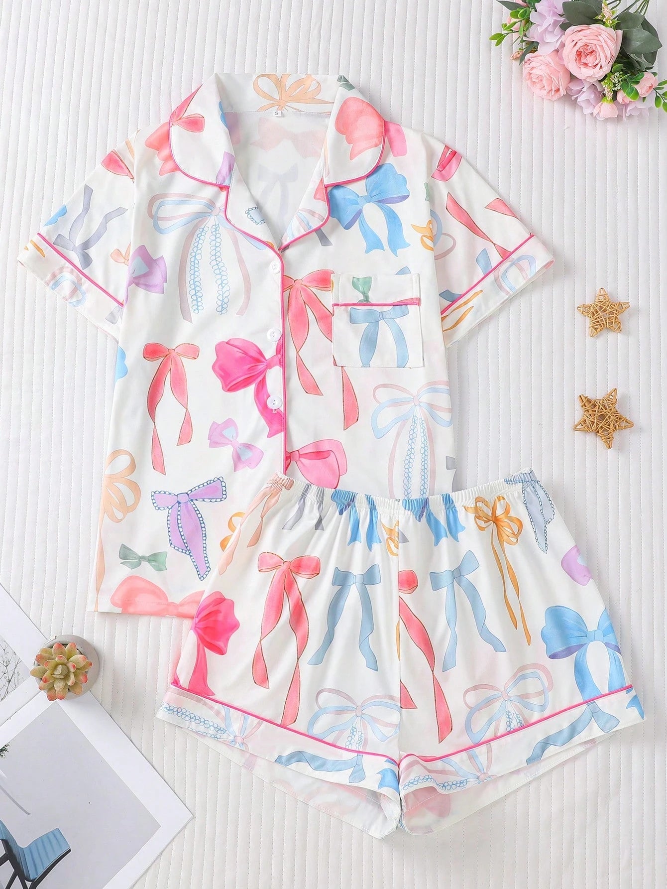 Women Nightwear Cute Romantic Bow Print Pajama Set, Short Sleeve Cardigan - Gems Ensumbles