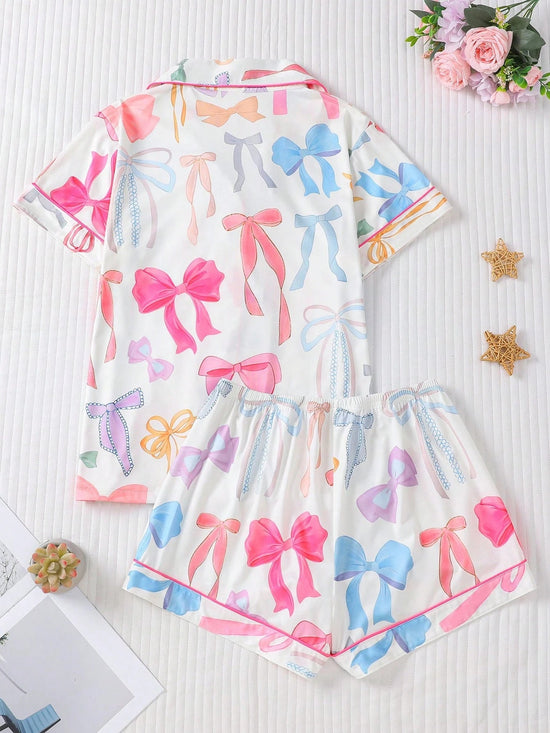 Women Nightwear Cute Romantic Bow Print Pajama Set, Short Sleeve Cardigan - Gems Ensumbles