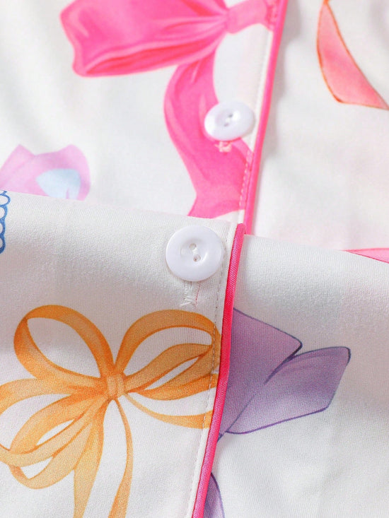 Women Nightwear Cute Romantic Bow Print Pajama Set, Short Sleeve Cardigan - Gems Ensumbles