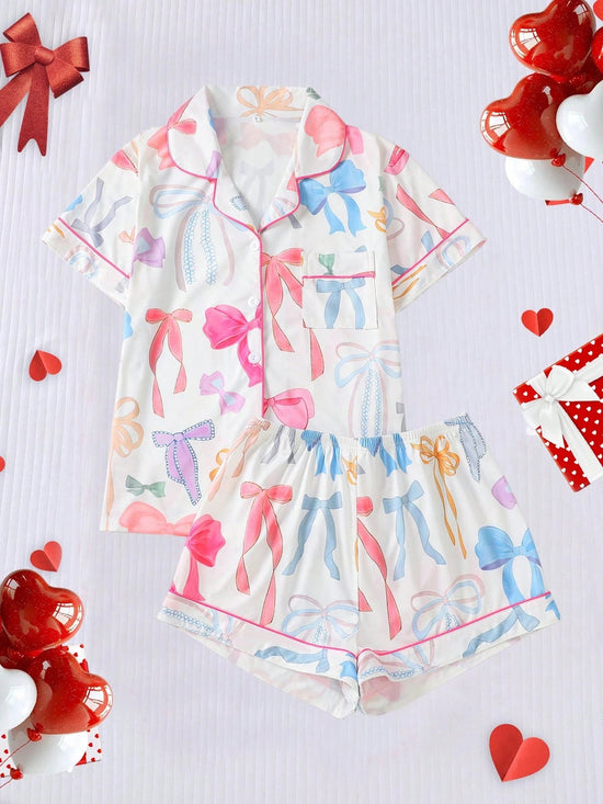 Women Nightwear Cute Romantic Bow Print Pajama Set, Short Sleeve Cardigan - Gems Ensumbles