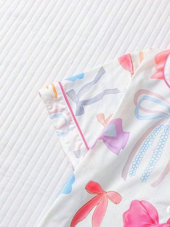 Women Nightwear Cute Romantic Bow Print Pajama Set, Short Sleeve Cardigan - Gems Ensumbles
