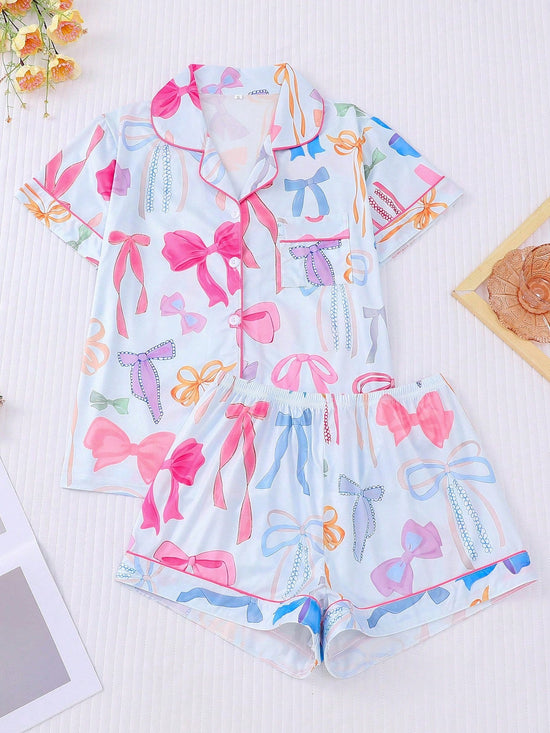 Women Nightwear Cute Romantic Bow Print Pajama Set, Short Sleeve Cardigan - Gems Ensumbles