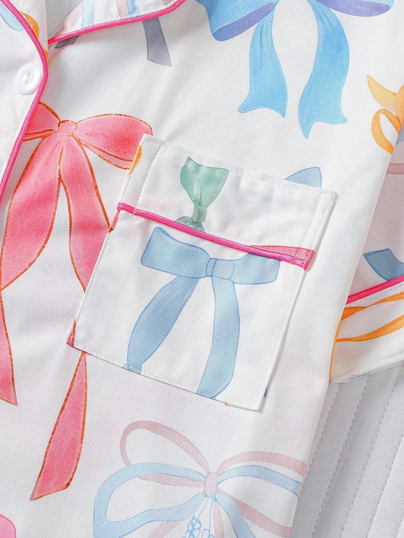 Women Nightwear Cute Romantic Bow Print Pajama Set, Short Sleeve Cardigan - Gems Ensumbles
