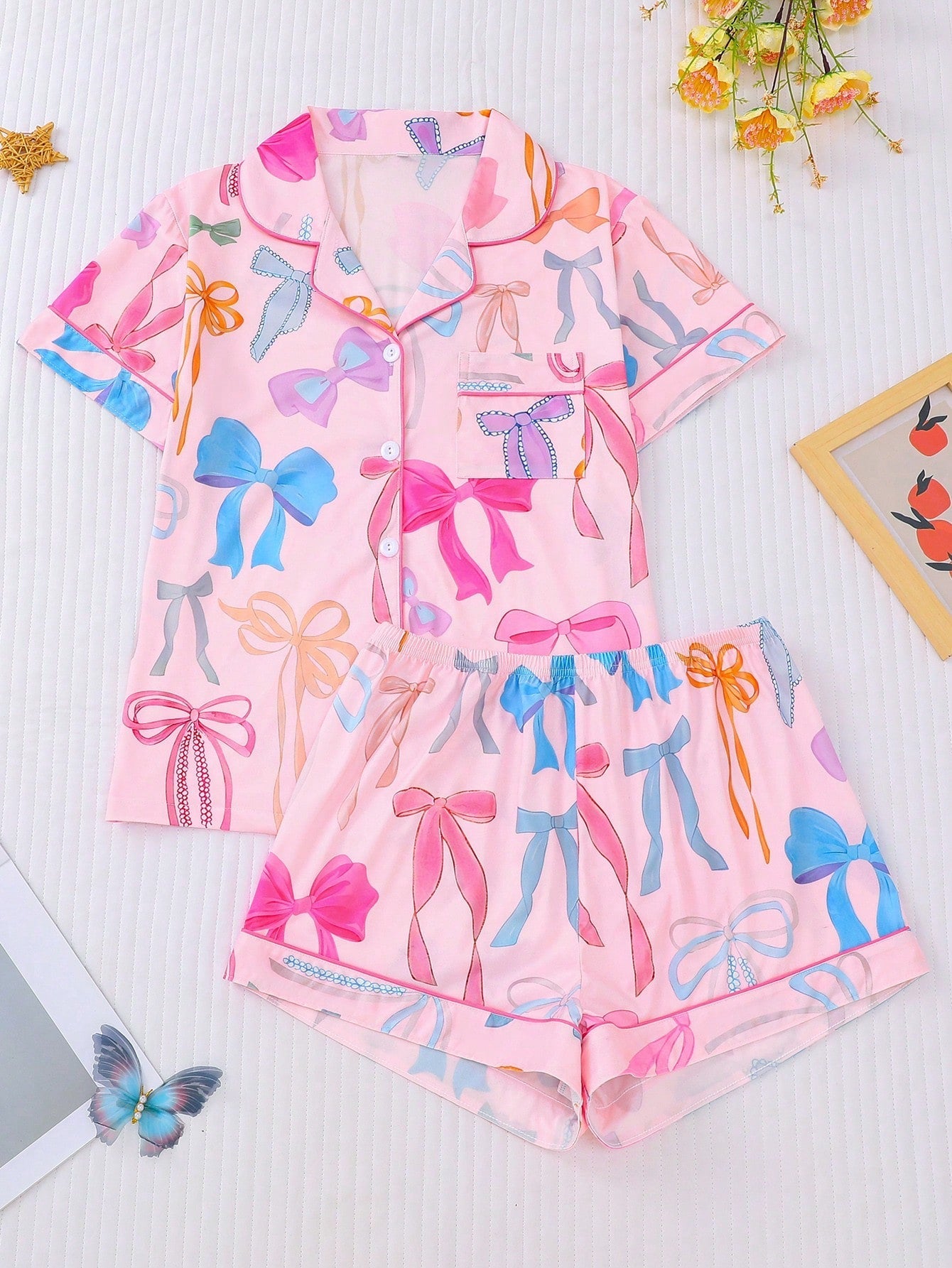 Women Nightwear Cute Romantic Bow Print Pajama Set, Short Sleeve Cardigan - Gems Ensumbles