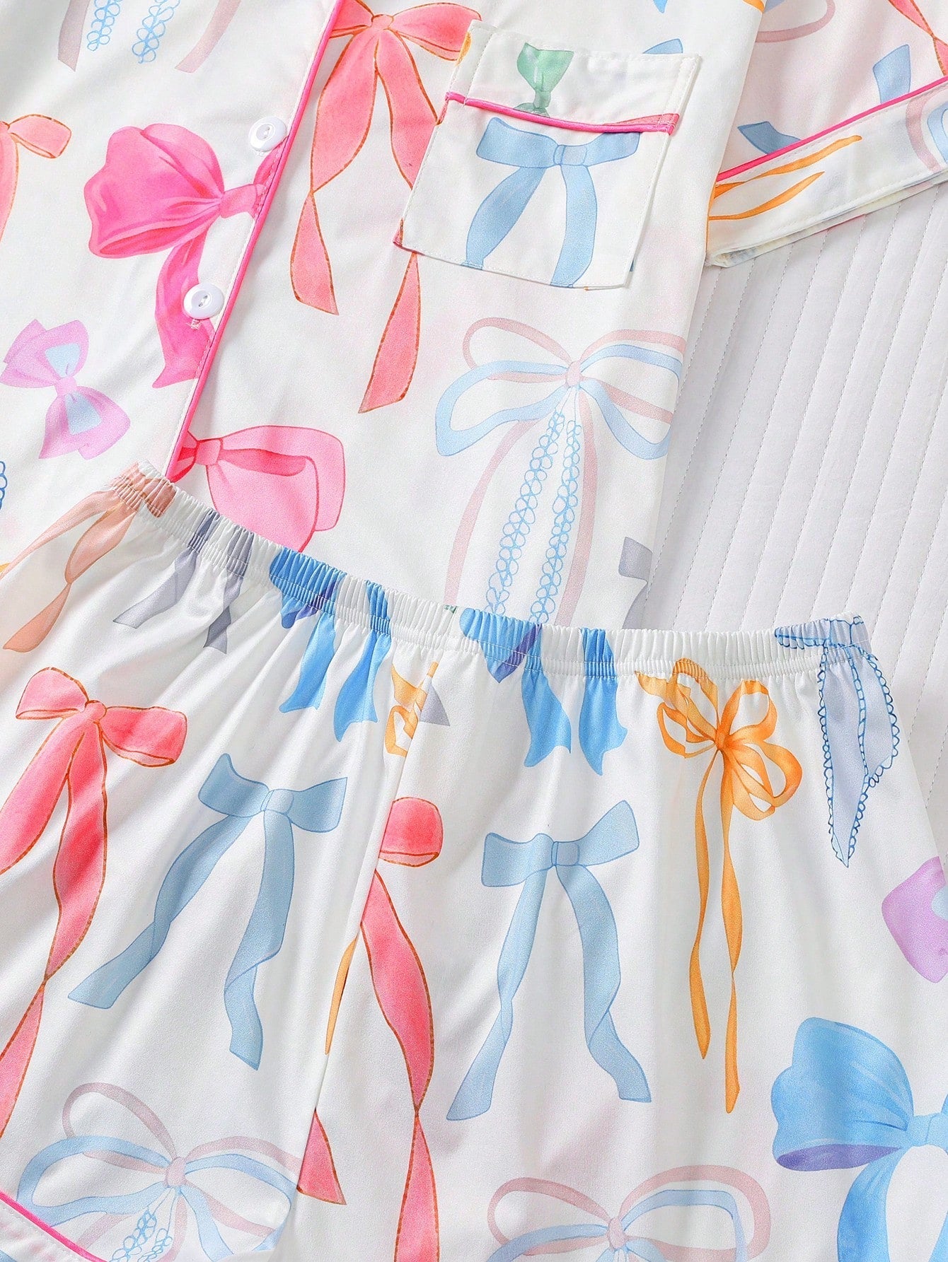 Women Nightwear Cute Romantic Bow Print Pajama Set, Short Sleeve Cardigan - Gems Ensumbles