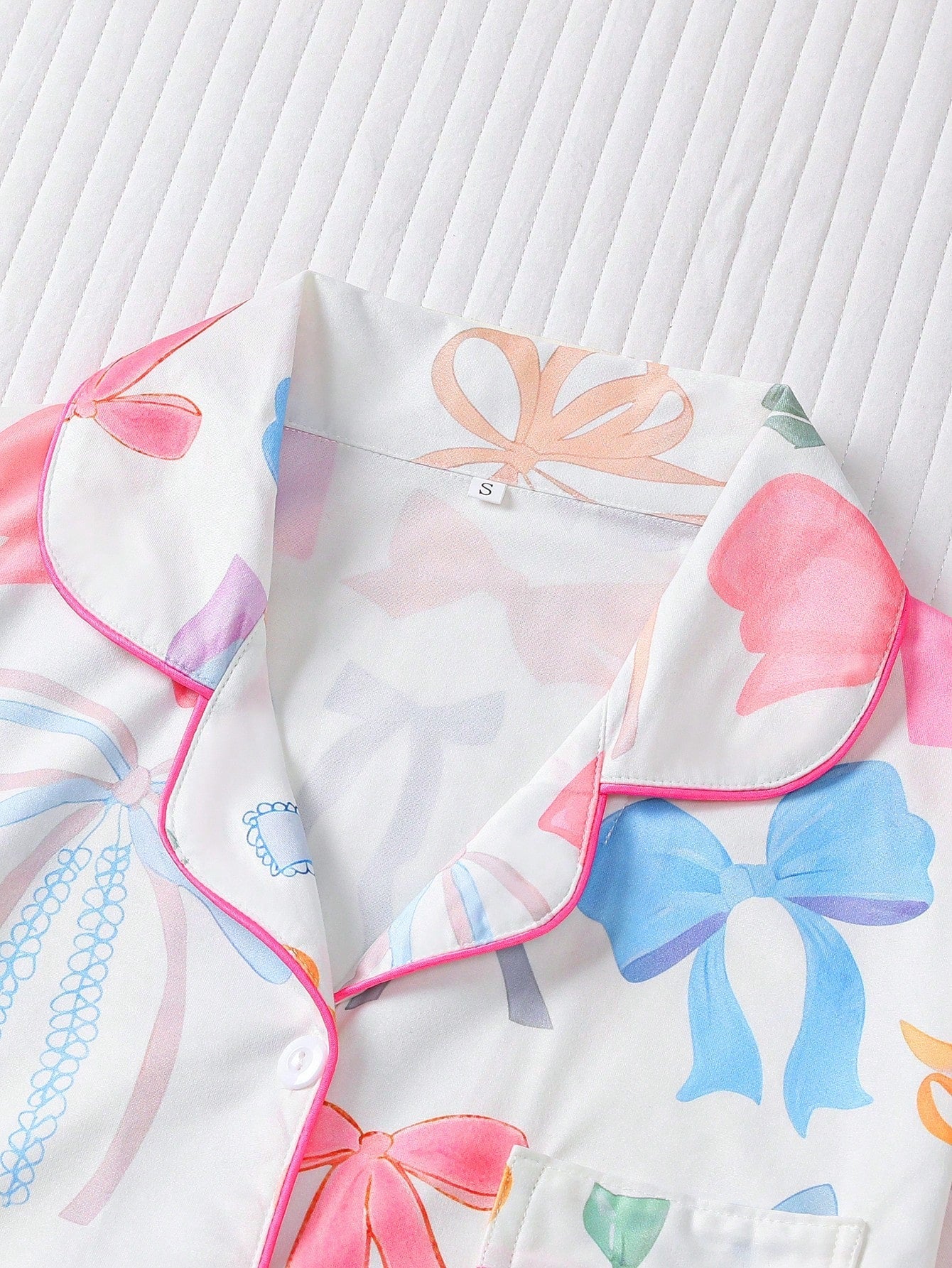 Women Nightwear Cute Romantic Bow Print Pajama Set, Short Sleeve Cardigan - Gems Ensumbles