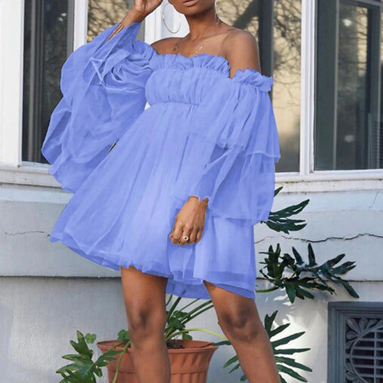 Women Off Shoulder Ruffle Elegant Summer High Waist Loose Dress - Gems Ensumbles
