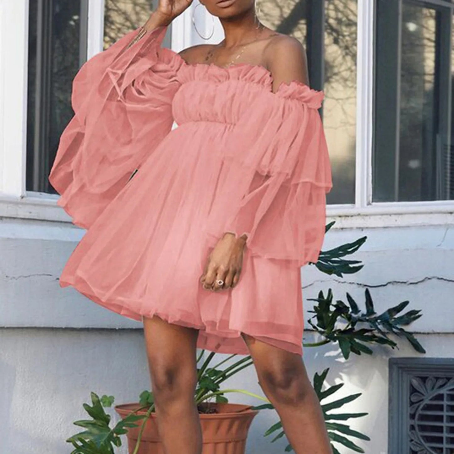 Women Off Shoulder Ruffle Elegant Summer High Waist Loose Dress - Gems Ensumbles