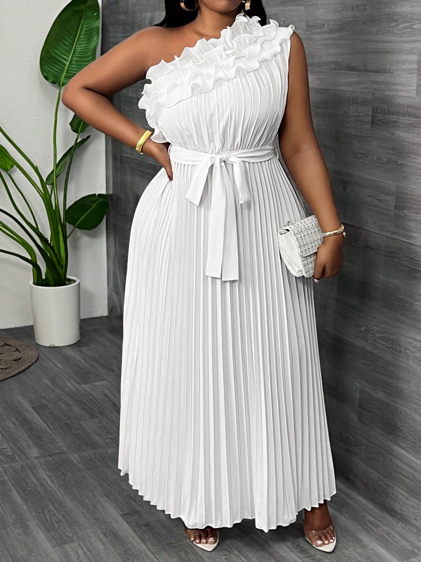 Women Plus Size Elegant & Luxurious Asymmetrical Ruffle Hem Cinched Waist Pleated Dress - Gems Ensumbles