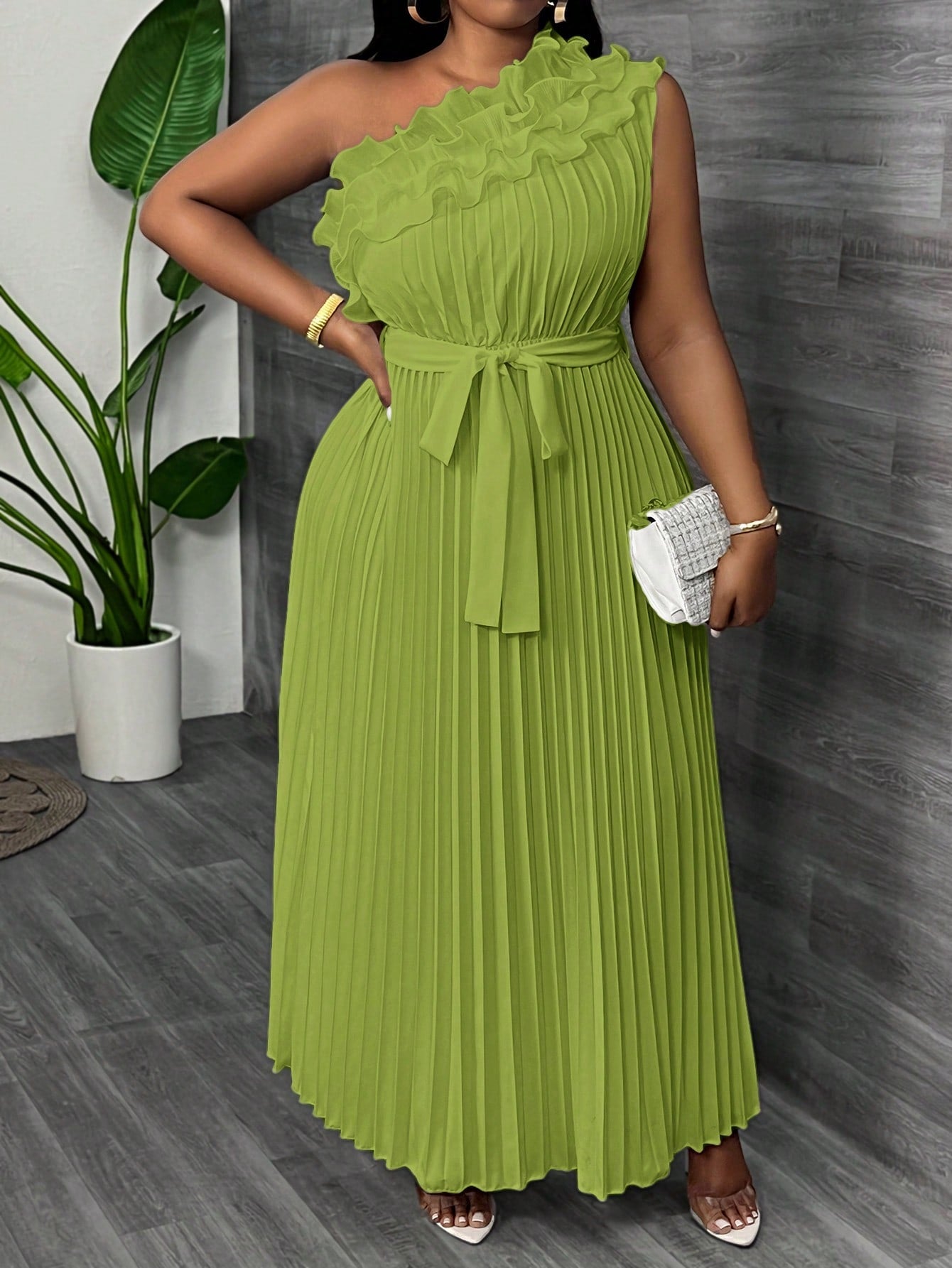 Women Plus Size Elegant & Luxurious Asymmetrical Ruffle Hem Cinched Waist Pleated Dress - Gems Ensumbles