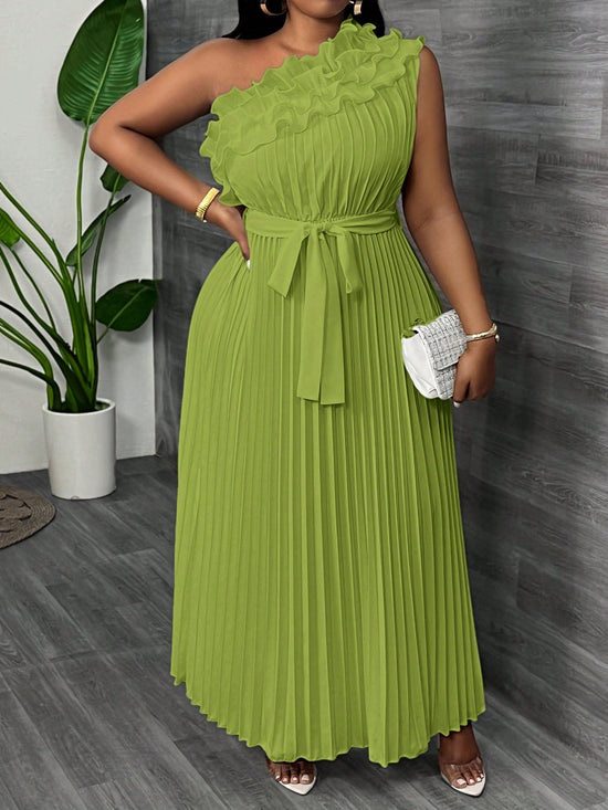 Women Plus Size Elegant & Luxurious Asymmetrical Ruffle Hem Cinched Waist Pleated Dress - Gems Ensumbles