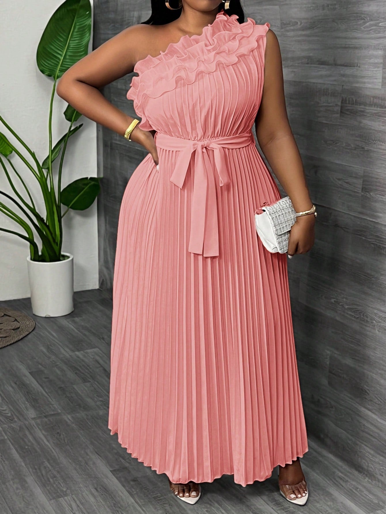 Women Plus Size Elegant & Luxurious Asymmetrical Ruffle Hem Cinched Waist Pleated Dress - Gems Ensumbles