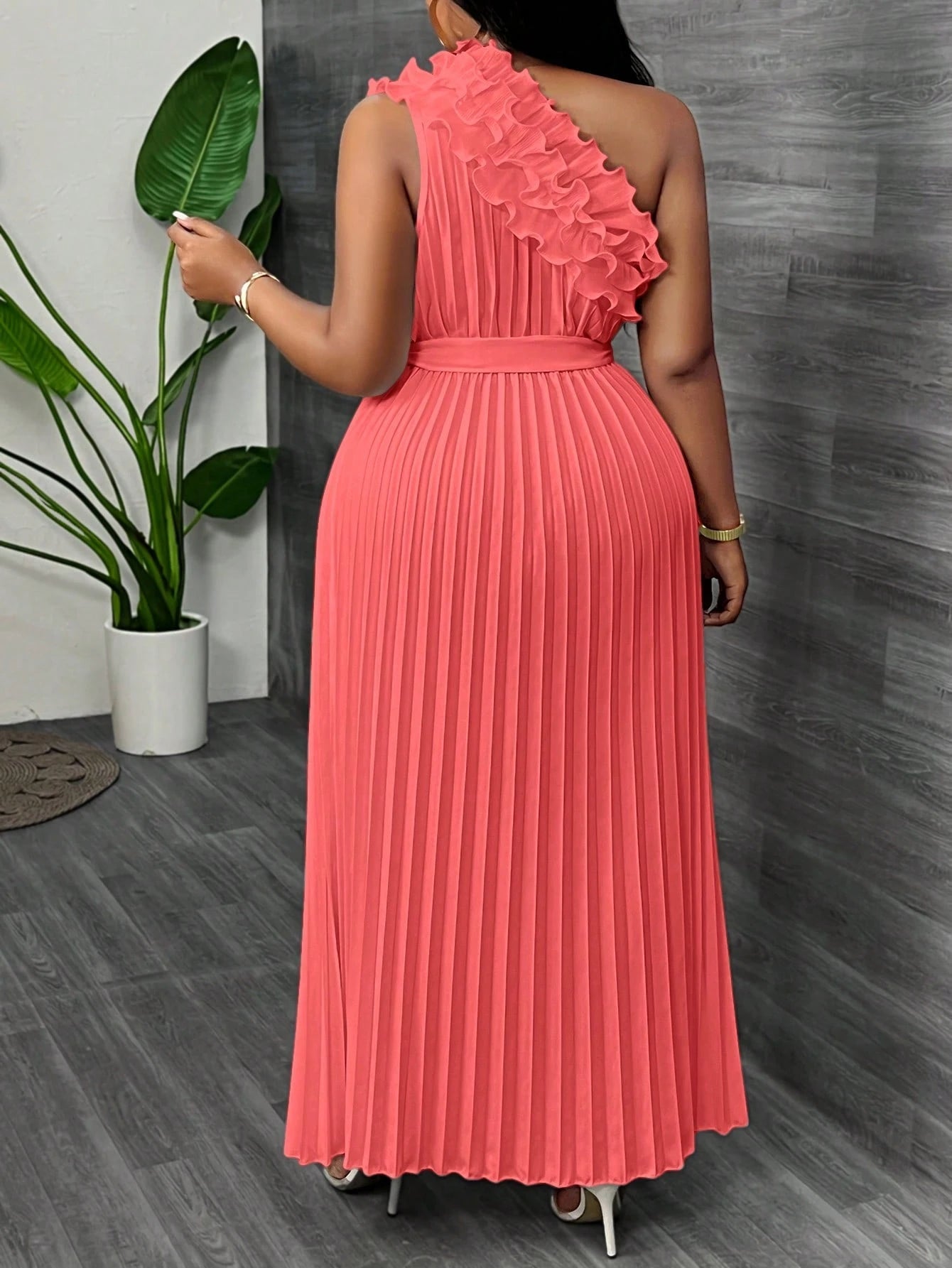 Women Plus Size Elegant & Luxurious Asymmetrical Ruffle Hem Cinched Waist Pleated Dress - Gems Ensumbles
