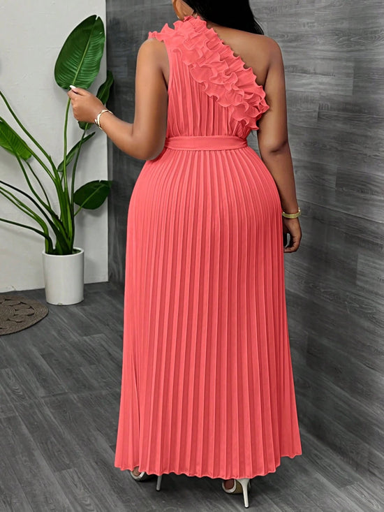 Women Plus Size Elegant & Luxurious Asymmetrical Ruffle Hem Cinched Waist Pleated Dress - Gems Ensumbles
