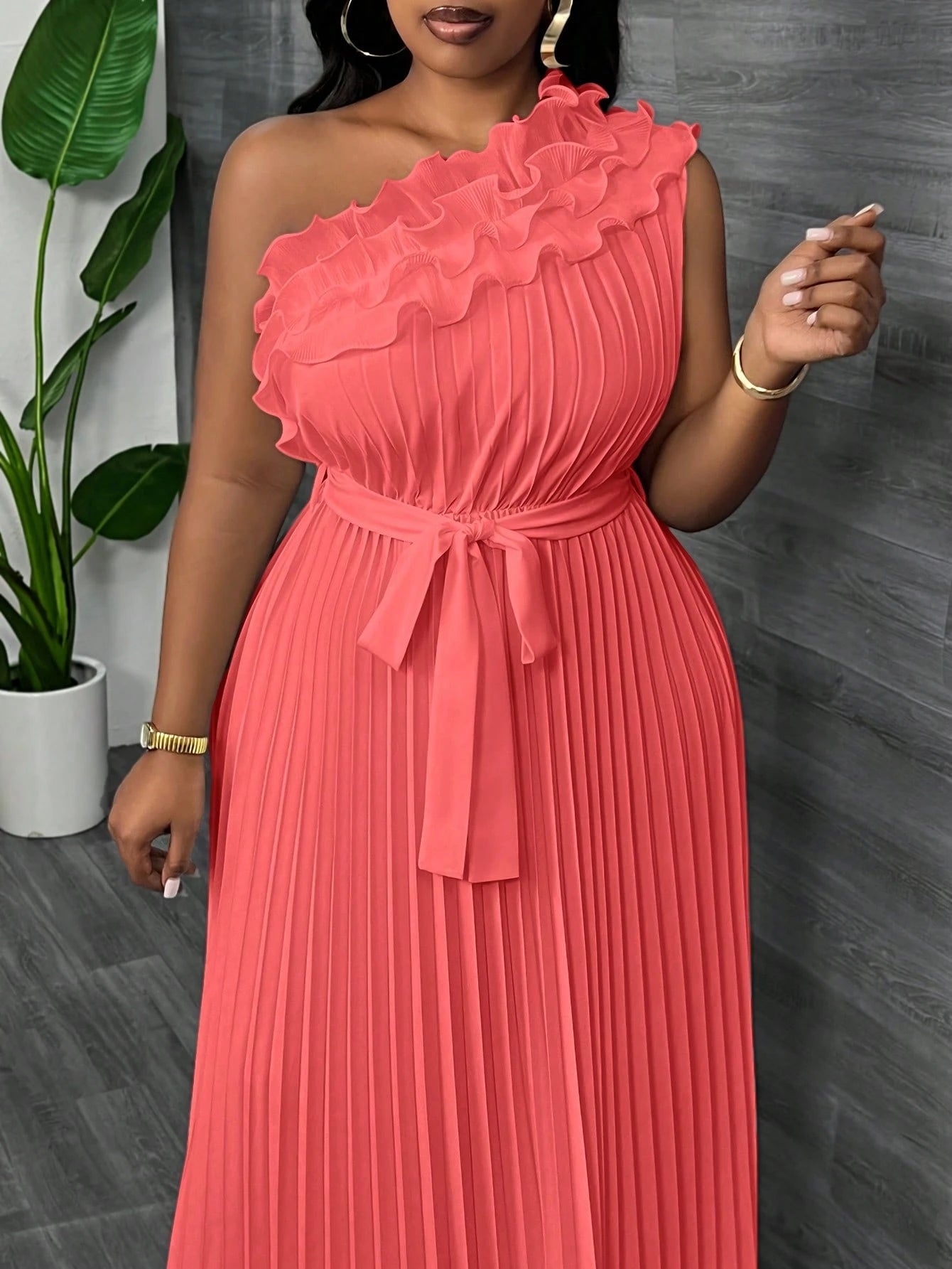 Women Plus Size Elegant & Luxurious Asymmetrical Ruffle Hem Cinched Waist Pleated Dress - Gems Ensumbles