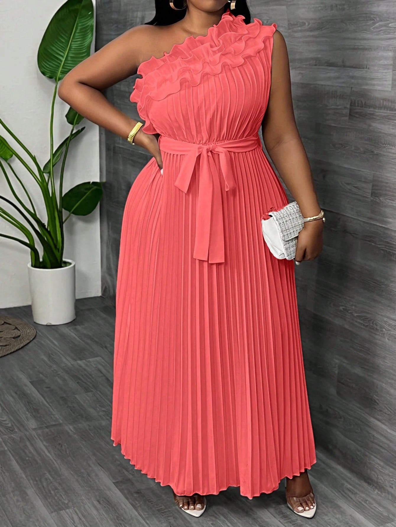 Women Plus Size Elegant & Luxurious Asymmetrical Ruffle Hem Cinched Waist Pleated Dress - Gems Ensumbles