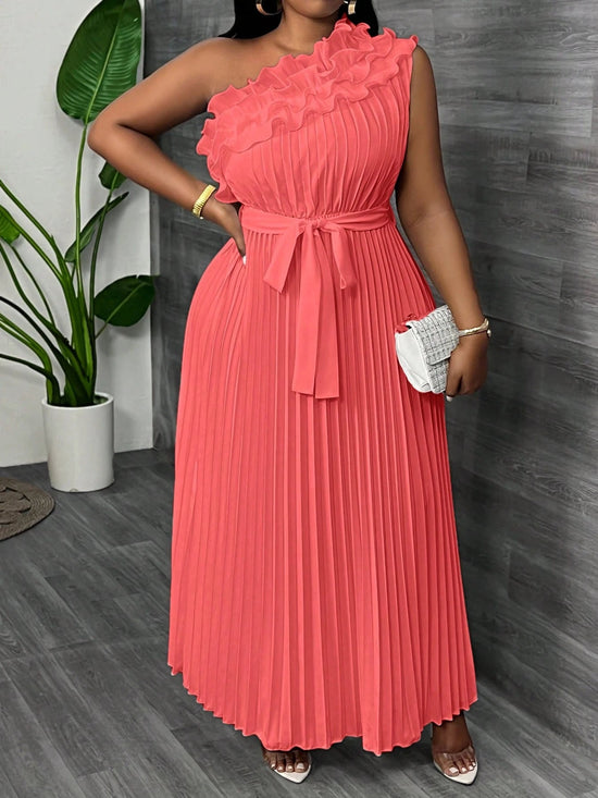 Women Plus Size Elegant & Luxurious Asymmetrical Ruffle Hem Cinched Waist Pleated Dress - Gems Ensumbles