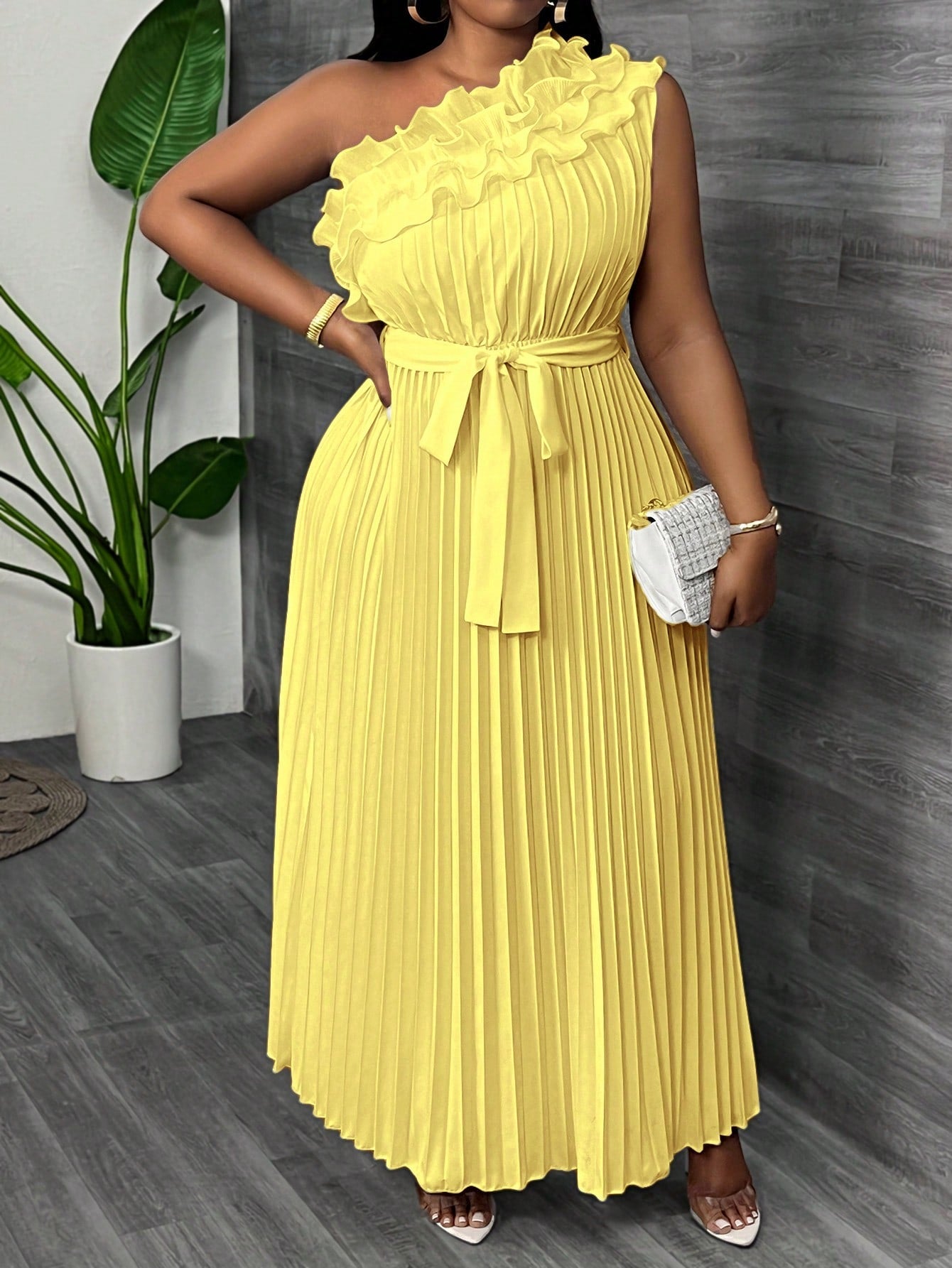Women Plus Size Elegant & Luxurious Asymmetrical Ruffle Hem Cinched Waist Pleated Dress - Gems Ensumbles