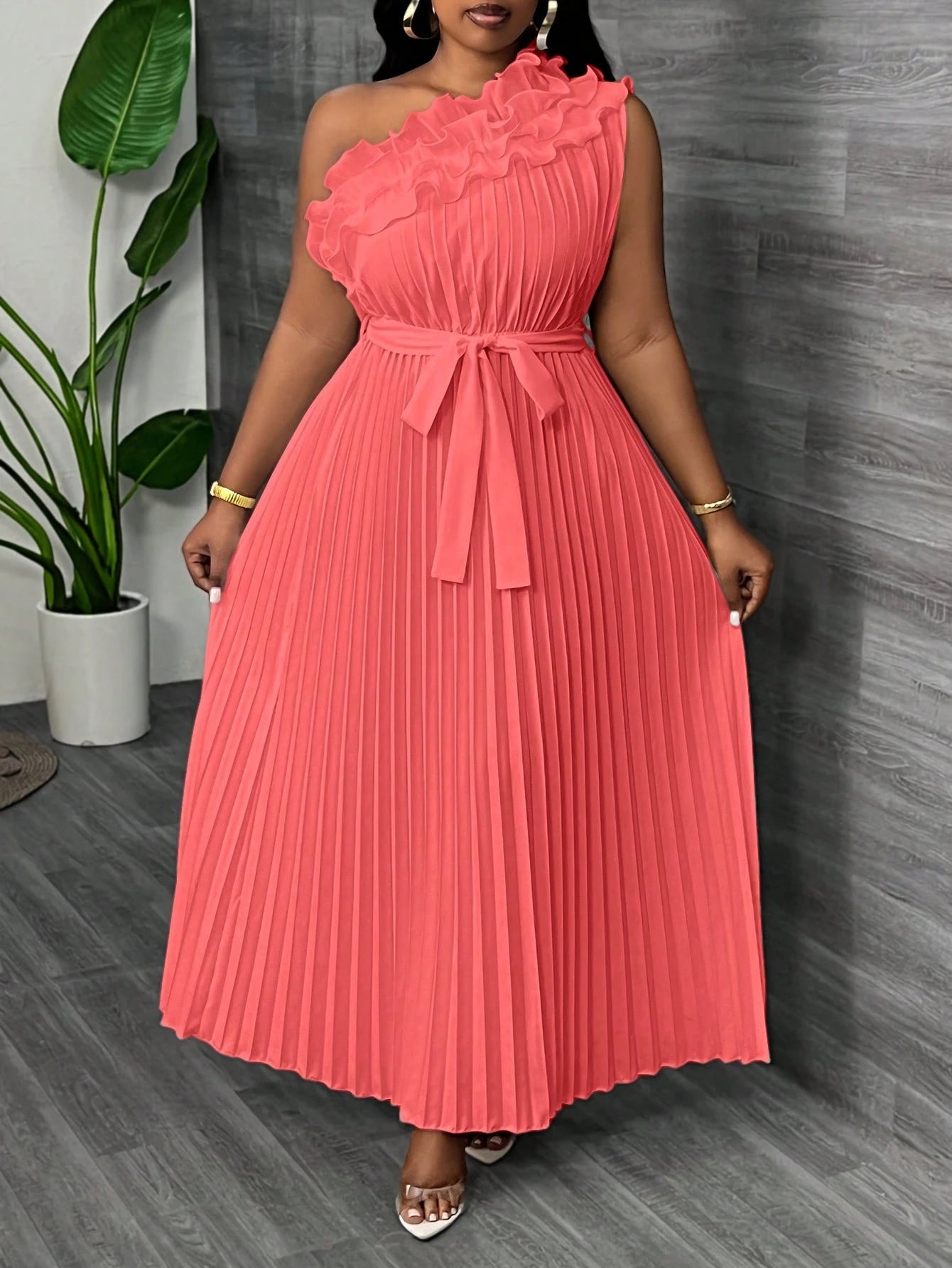 Women Plus Size Elegant & Luxurious Asymmetrical Ruffle Hem Cinched Waist Pleated Dress - Gems Ensumbles