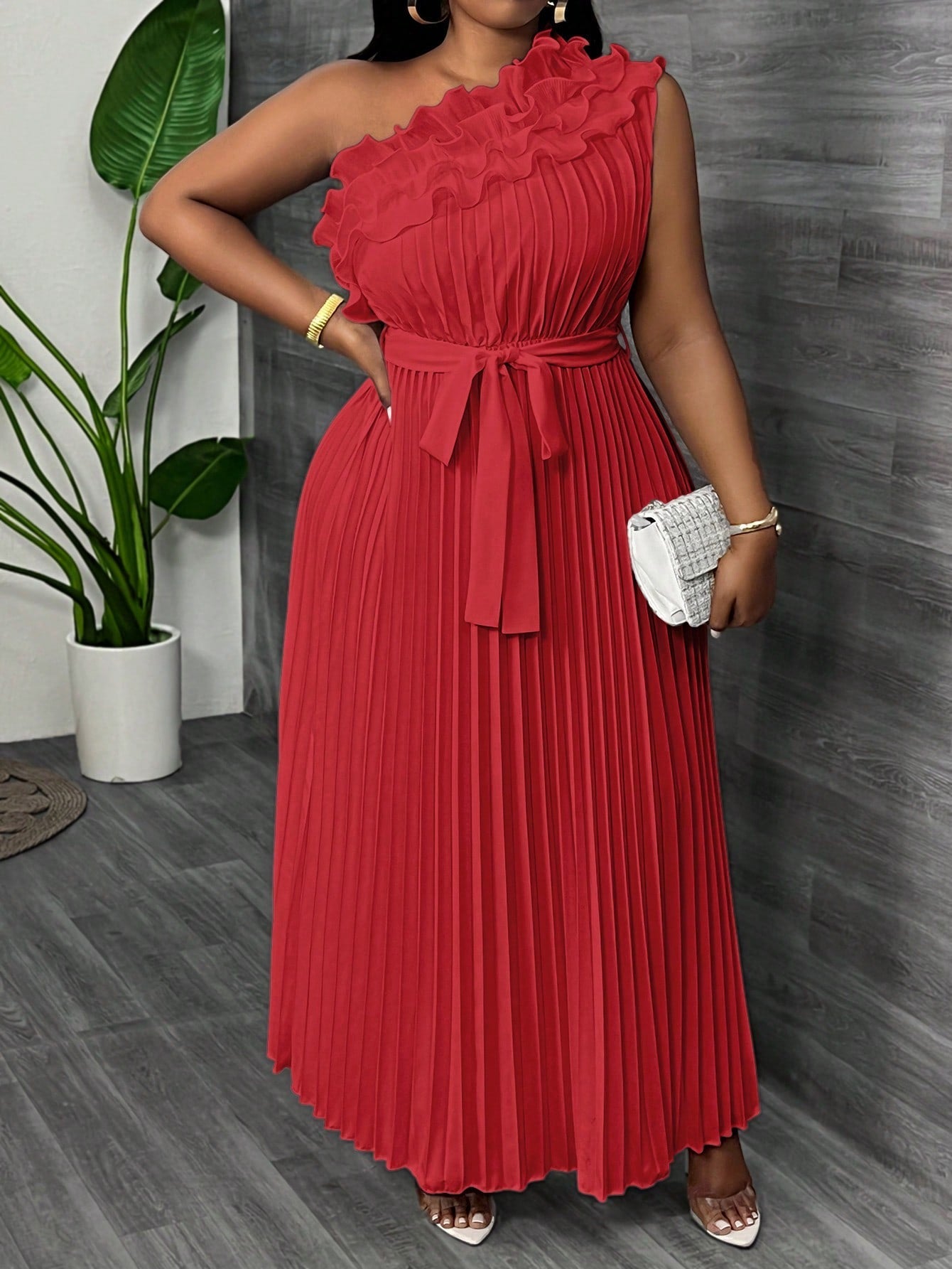 Women Plus Size Elegant & Luxurious Asymmetrical Ruffle Hem Cinched Waist Pleated Dress - Gems Ensumbles