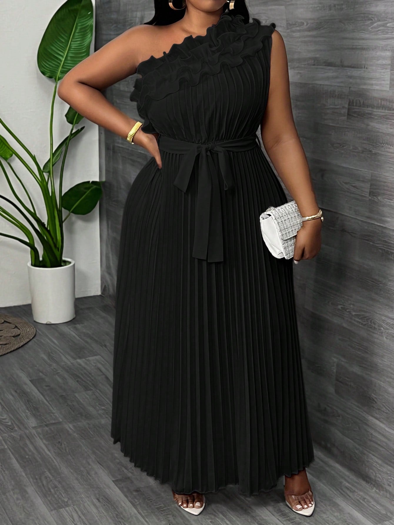 Women Plus Size Elegant & Luxurious Asymmetrical Ruffle Hem Cinched Waist Pleated Dress - Gems Ensumbles