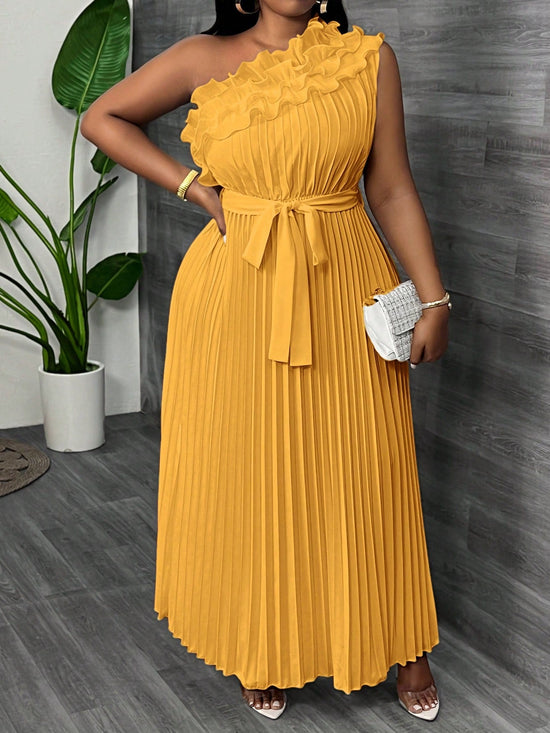 Women Plus Size Elegant & Luxurious Asymmetrical Ruffle Hem Cinched Waist Pleated Dress - Gems Ensumbles
