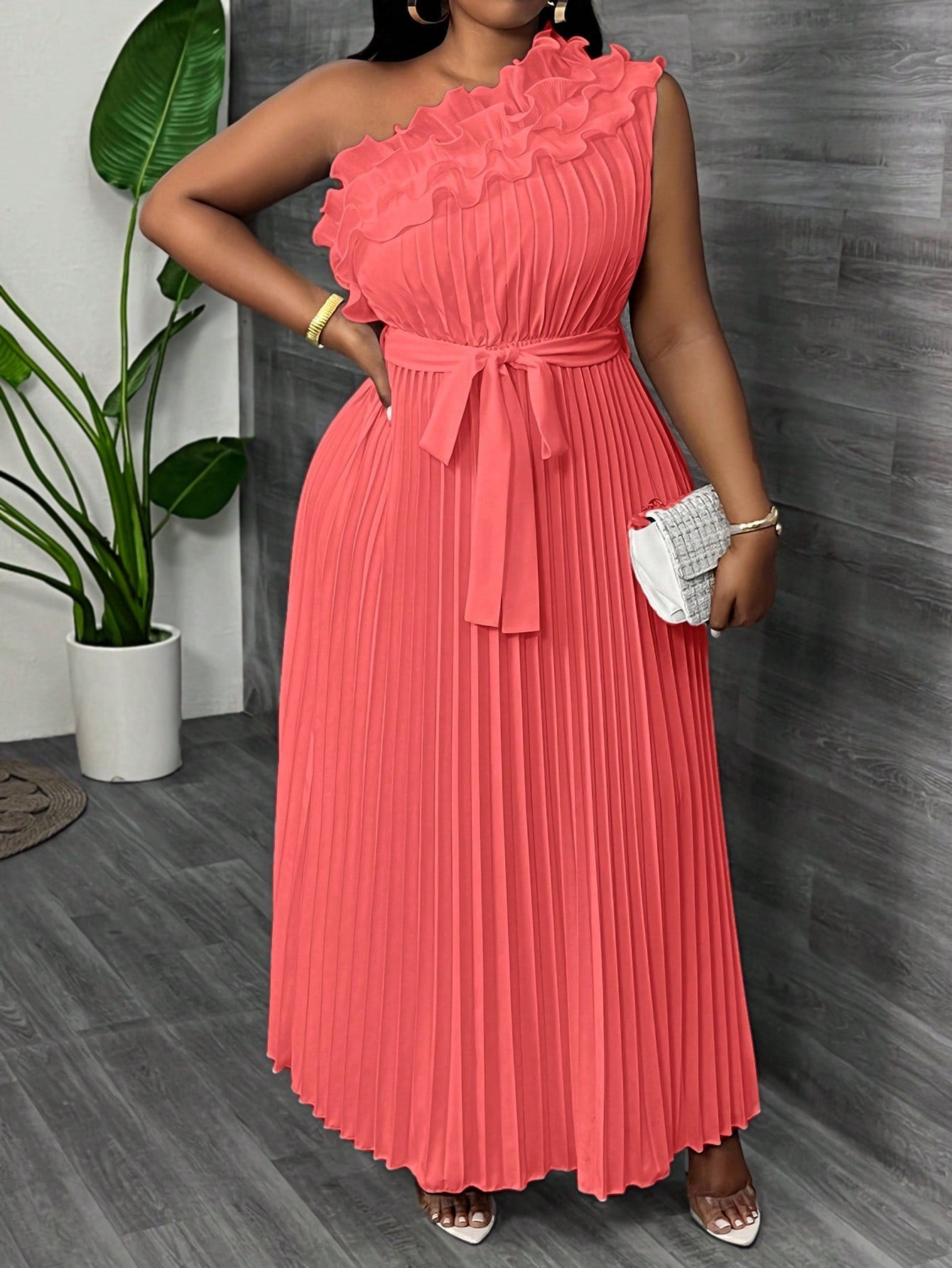 Women Plus Size Elegant & Luxurious Asymmetrical Ruffle Hem Cinched Waist Pleated Dress - Gems Ensumbles