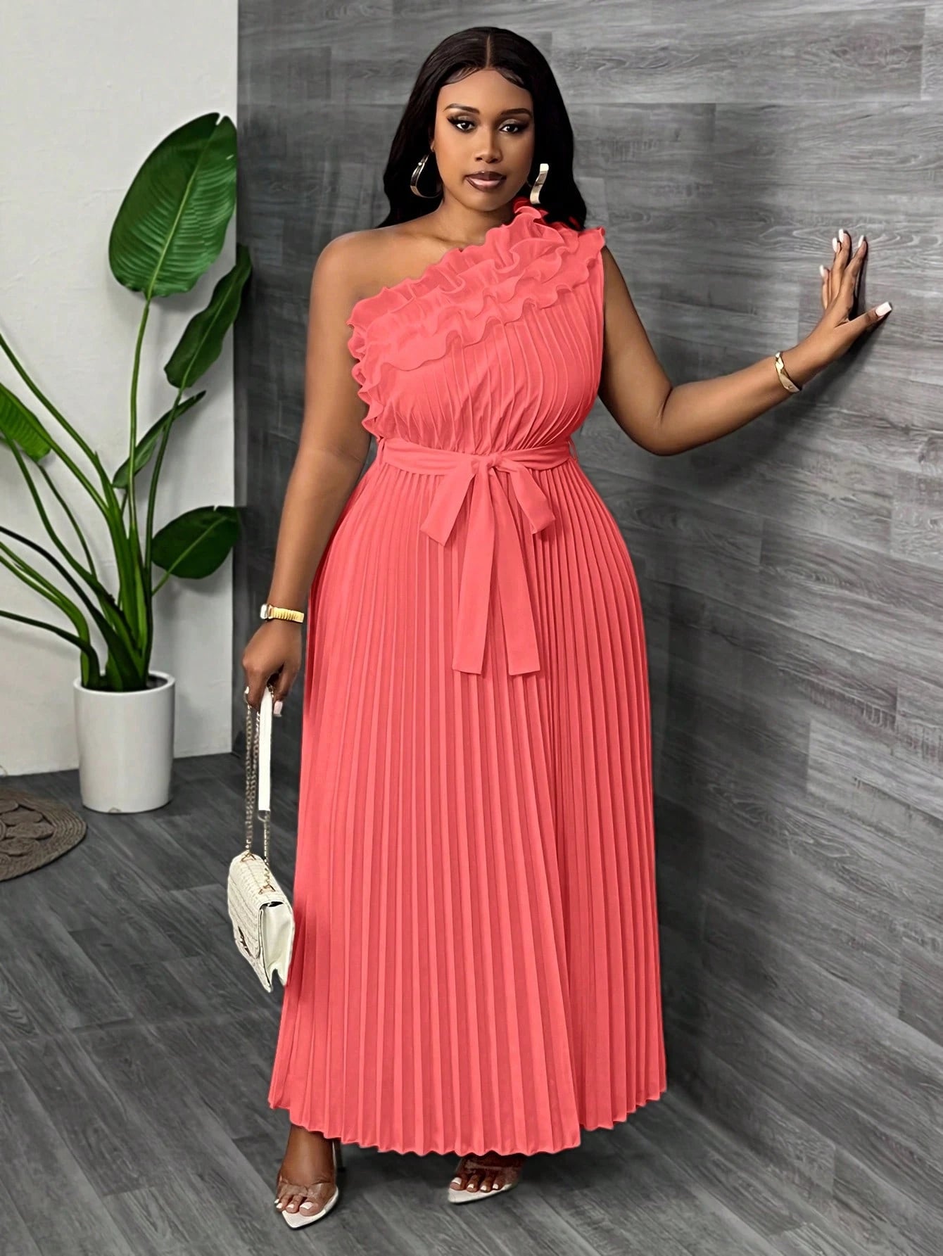 Women Plus Size Elegant & Luxurious Asymmetrical Ruffle Hem Cinched Waist Pleated Dress - Gems Ensumbles